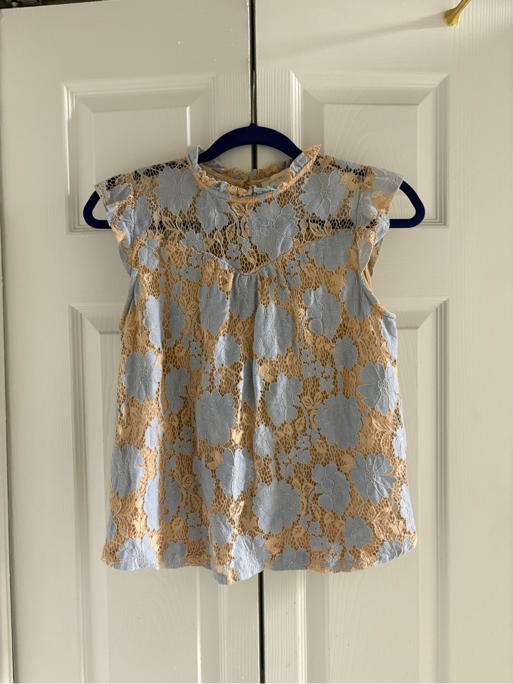 Junior/Women’s Lace Overlay Cap-Sleeve Top in Light Blue and Cream